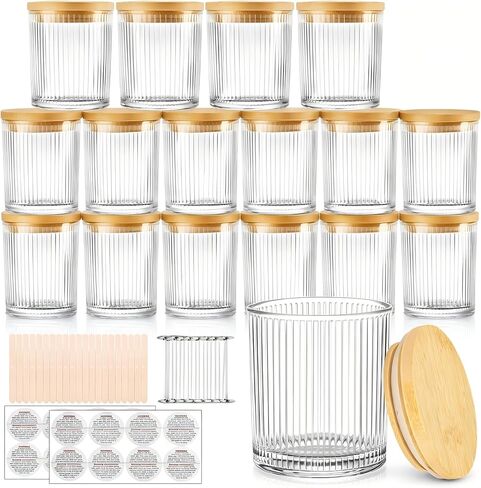 CONNOO 16 Pack 7 OZ Thick Pearl Glass Candle Jars for Making Candles with Airtight Bamboo Lids, Wicks & Stickers, for DIY Candle Making, Bulk Orders, Gifts & Home Décor, Clear in Saudi Arabia