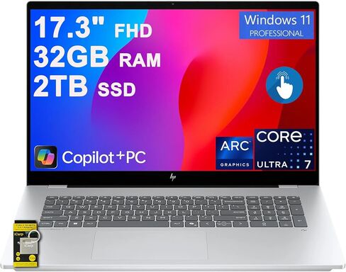 HP OmniBook 7 17.3 بوصة FHD IPS تعمل باللمس AI كمبيوتر محمول Copilot+ PC، Intel Core Ultra 7 258V، NVIDIA GeForce RTX 4050، ذاكرة DDR5 سعة 32 جيجابايت، 1 تيرابايت SSD، لوحة مفاتيح بإضاءة خلفية، Thunderbolt 4، Windows 11 Pro in Kuwait