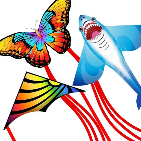 Easy to Fly 3 Pieces Kites for Kids and Adults, Large Kites Set with String, Perfect for Beach & Park Fun (Includes Butterfly, Delta & Shark Designs) in Saudi Arabia