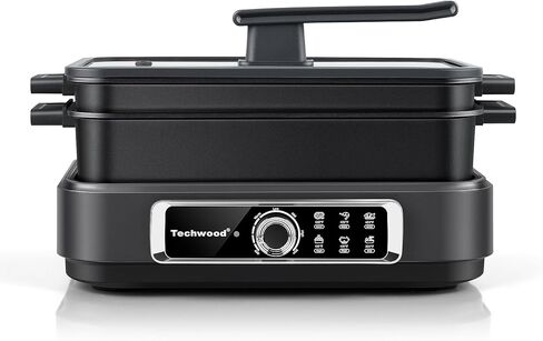 مقلاة كهربائية، Techwood 7.5-Quart، طباخ بطيء 2 في 1، متعدد الاستخدامات مع إعدادات حرارة 5 مستويات، تأتي مع مقلاة غير لاصقة ووعاء طبخ، آمنة للاستخدام في غسالة الأطباق، أسود in Kuwait
