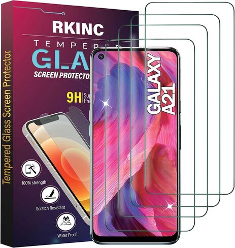 RKINC Screen Protector [4-Pack] for Samsung Galaxy A21, Tempered Glass Film Screen Protector, 0.33mm [LifetimeWarranty][Anti-Scratch][Anti-Shatter] in Saudi Arabia