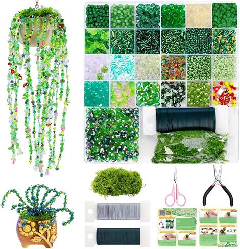 FOGWOWO 5057 Pcs Beaded Plant Kit for Mirror Disco Ball Planter Making,Green Beads for Beaded Plants with Hanging Chain,Crystal Green Glass Beads Leaf Bead for Plant Making DIY Craft in Saudi Arabia