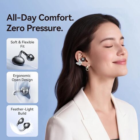 Kinglucky ClipFree A20 Open-Ear Earbuds, Secure & Comfort Fit, Premium Sound Clip-On Earbuds with Digital Display, 45H Playtime Bluetooth 6.0 Wireless Headphones, IP55 Waterproof for Running, Black in Kuwait