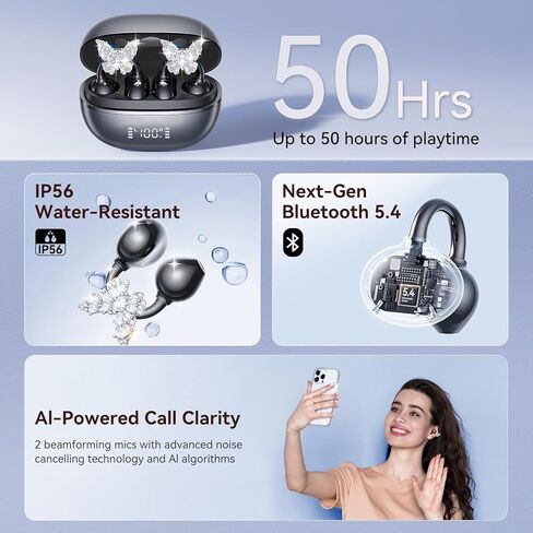 Kinglucky ClipFree A20 Open-Ear Earbuds, Secure & Comfort Fit, Premium Sound Clip-On Earbuds with Digital Display, 45H Playtime Bluetooth 6.0 Wireless Headphones, IP55 Waterproof for Running, Black in Kuwait