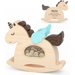 Summidate Unicorn Piggy Bank للأطفال البنات، بنوك أموال خشبية هزازة للأطفال الصغار، صندوق توفير عملات خشبية غير قابلة للكسر، ألعاب هدايا شخصية لعيد ميلاد الطفل وديكوره in Kuwait