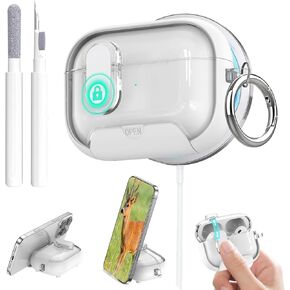 حافظة شفافة لسماعات Airpods 4، قفل آمن لجهاز Airpods الجيل الرابع مع حامل هاتف ووظيفة Magsafe، تصميم تلقائي للحماية الهجينة مع حلقة تسلق وقلم تنظيف - أبيض in Kuwait