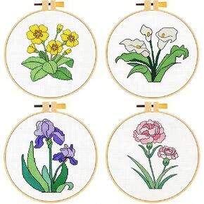 Zhenqing 4 Pack Flower Cross Stitch Kit for Beginners - 11CT Printed White Cotton Fabric 16x16cm with Hoop, Primrose, Carnation, Calla Lily, Iris Designs, Complete Embroidery Supplies(70746) in Saudi Arabia