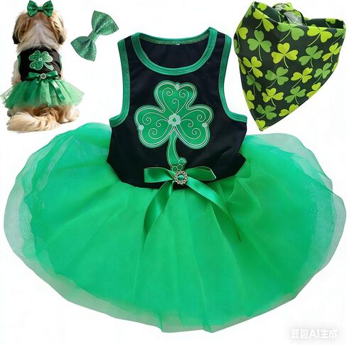 زي عيد القديس باتريك للكلاب الصغيرة، فستان أخضر، باندانا ومشبك فيونكة 3 قطع من إكسسوارات أزياء القطط الأيرلندية S in Kuwait