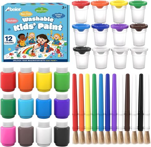 ABEIER Washable Kids Paint, Safe Non-Toxic Finger Paint, 12 Vibrant Colors(2 fl oz) with 3 Paint Brushes, Mess-Free Arts & Crafts Supplies for Toddlers & Grandkids, Ages 3, 4, 5 in Saudi Arabia