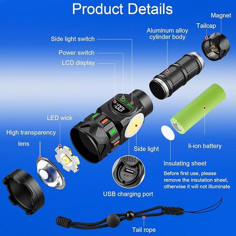 Rechargeable Flashlights High Lumens 5000 Long Distance, Super Bright LED Flash Lights with COB Sidelight USB C LCD Display, Daul Light Source & Buttons with Red Light, for Camping Hiking Emergency in Saudi Arabia