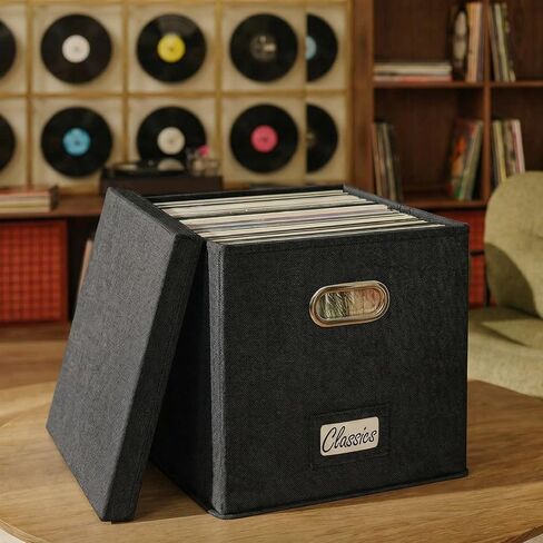 ZICOTO Decorative Vinyl Record Storage Box for 50+ Single Records - Sturdy and Easy to Carry LP Holder with Lid - The Perfect Storage Crate for Your Valuable Album Collection in Saudi Arabia
