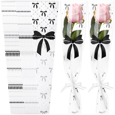 Honoson 100 Pcs Single Flower Sleeve Coquette Bow Mother's Day Floral Bouquets Wrapping Bags Plastic Rose Cellophane for Birthday Graduation Party Wedding Flower Gifts Supplies(Pink) in Saudi Arabia