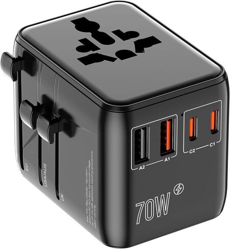 GaN 70W International Travel Adapter for US/JP, EU, UK, AU, 6-in-1 Universal Power Hub with 2 USB-C (PD 70W), 2 USB-A, and Extra US AC Outlet, Fast Charging Worldwide Plug, 2 Anti Theft Zipper Clips in Saudi Arabia
