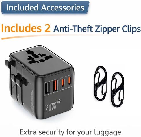 GaN 70W International Travel Adapter for US/JP, EU, UK, AU, 6-in-1 Universal Power Hub with 2 USB-C (PD 70W), 2 USB-A, and Extra US AC Outlet, Fast Charging Worldwide Plug, 2 Anti Theft Zipper Clips in Saudi Arabia