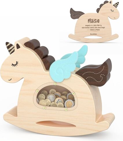 Summidate Unicorn Piggy Bank للأطفال البنات، بنوك أموال خشبية هزازة للأطفال الصغار، صندوق توفير عملات خشبية غير قابلة للكسر، ألعاب هدايا شخصية لعيد ميلاد الطفل وديكوره in Kuwait