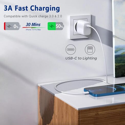 كابل USB C إلى Lightning من النايلون الجديد من Apple، معتمد من MFi | شحن سريع | سيارة كاربلاي | مزامنة البيانات لهاتف iPhone iPhone 14 13 12 11 X 8 Pro Max Plus والمزيد (أبيض، 6FT) in Kuwait