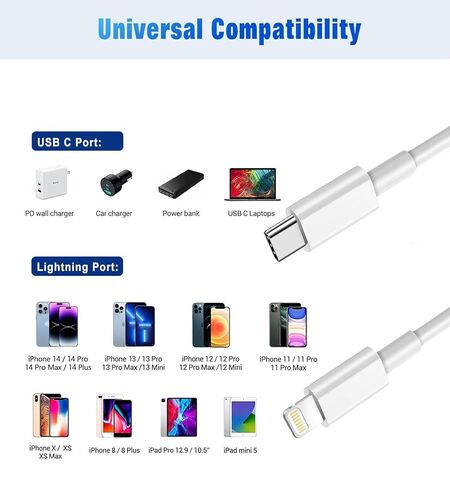 كابل USB C إلى Lightning من النايلون الجديد من Apple، معتمد من MFi | شحن سريع | سيارة كاربلاي | مزامنة البيانات لهاتف iPhone iPhone 14 13 12 11 X 8 Pro Max Plus والمزيد (أبيض، 6FT) in Kuwait