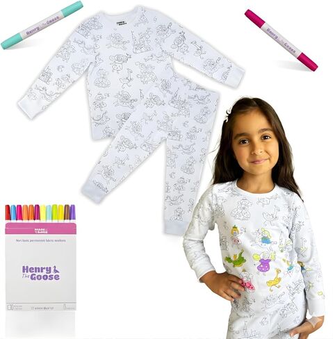 Coloring Pajamas for Kids Made with Original Cotton | Kids Pajamas Girls & Boys with 12 Non Toxic Markers to Personalize their Sleepwear with Unique Designs | Ideal Gift for Girls & Boys (5 Year) in Saudi Arabia