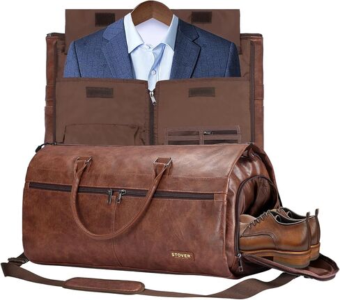 STOVER Garment Travel Duffle Bag, Large 2-in-1 Convertible Carry-on Luggage for Men & Women- Hanging Suits, Dresses & Clothes + Shoe Compartment- Weekender Tote Combo Duffel (Brown Leatherette) in Saudi Arabia