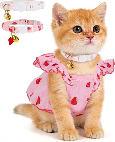 أزياء قطط قطنية مطبوعة بالفراولة مع ياقة قابلة للتعديل مع فيونكة، ملابس قطط للفتيات والقطط، ملابس حيوانات أليفة بيضاء وردية للكلاب والقطط الصغيرة (M) in Kuwait