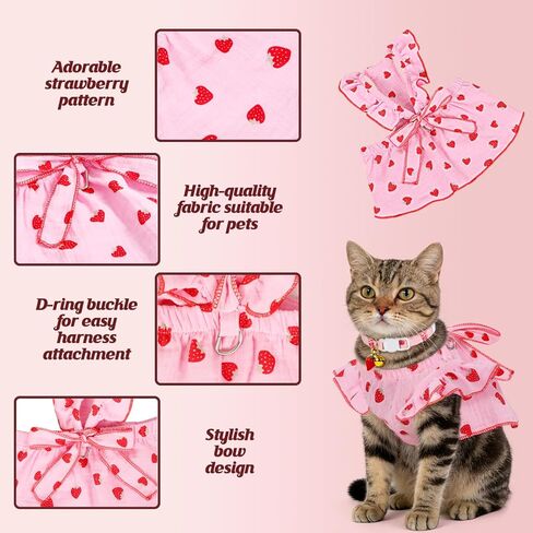 أزياء قطط قطنية مطبوعة بالفراولة مع ياقة قابلة للتعديل مع فيونكة، ملابس قطط للفتيات والقطط، ملابس حيوانات أليفة بيضاء وردية للكلاب والقطط الصغيرة (M) in Kuwait