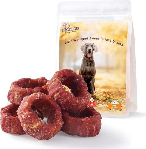 Chicken & Duck Wrapped Sweet Potato Donuts Dog Treats, Healthy Low Fat Dog Jerky Chews, High Protein Training Treats Snacks for Small Medium Large Breed, 10.6 oz in Kuwait