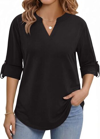 IN'VOLAND Womens Plus Size Long Sleeve Tops V Neck Plaid Roll Up Shirts Basic Casual Work Blouses in Saudi Arabia