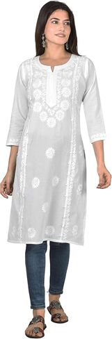 Vrnda Women's White Cotton Kurti – Hand-Embroidered Lucknowi Chikankari, Straight Fit, Knee-Length Pakistani Style Kurta in Saudi Arabia
