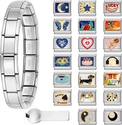 Double Fair Italian Charm Bracelet Set - 316 Stainless Steel, 6.75 Inch Starter Bracelet with 10 Charms, Includes Opening Tool, Customizable, Silver (Silver-A 10PCS Charm Sets) in Saudi Arabia
