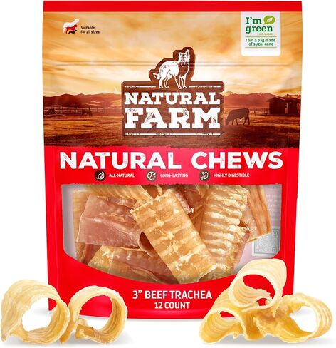 Natural Farm Beef Trachea for Dogs (6 Inch, 6 Pack)- 100% Beef,Odor Free Trachea Dog Chews- Glucosamine & Chondroitin for Joint & Hip Mobility, Bone Strength- Low-Fat Crunchy & Crispy- for All Dogs in Kuwait