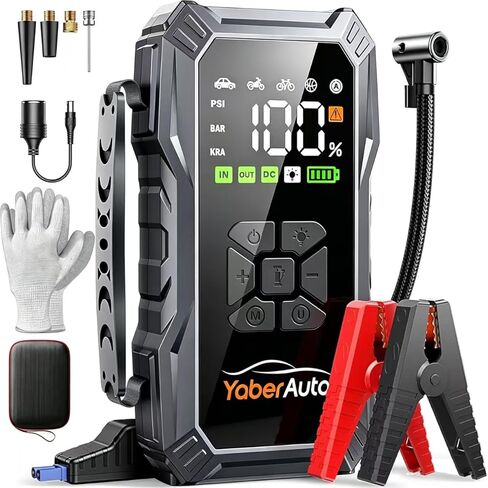 yaberauto 10-in-1 lemp starter مع ضاغط الهواء 6000A 150ppsi بطارية محمولة بطارية القفز (جميع الغاز/10 لتر ديزل) قفزة بطارية مربع بطارية البطارية كابلات الطائر المحمولة ، القفازات ، 150WDC ، الضوء in Saudi Arabia