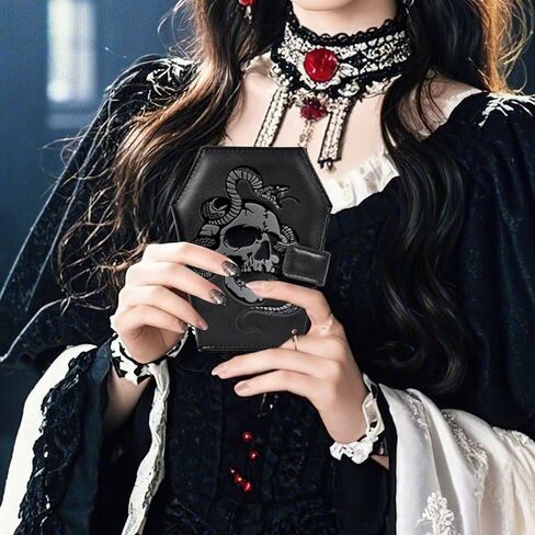 Gothic Wallet Leather with Embossed Skull Bats Spiders, Coffin Wallets for Women, Punk Horror Bifold Wallets, Goth Gifts for Halloween Accessories in Kuwait
