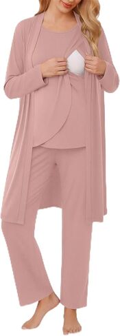 Ekouaer طقم رداء الأمومة للرضاعة 3 قطع بدون أكمام، سروال حمل ورداء بيجامة بطبقة مزدوجة S-XXL in Kuwait