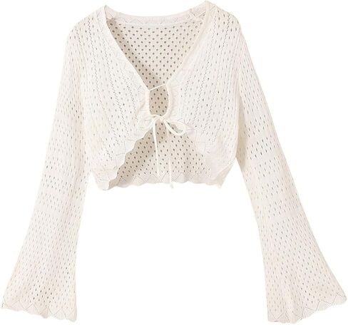 OYOANGLE Girl's Tie Front Hollow Out Cardigan Scallop Trim Trumpet Sleeve Knitted Bolero Shrug in Saudi Arabia