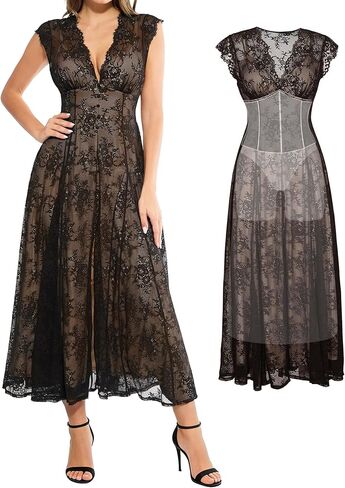 Popilush Women's Lace Formal Cocktail Sleeveless V Neck Maxi Shapewear Dress Wedding Guest Mother of Bride Split Dresses in Saudi Arabia