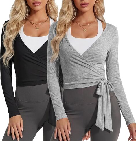 Coume 2 Pack Women’s Ballet Pilates Wrap Top Long Sleeve Tie Front Shrug Yoga Shirt Y2k Workout Active Blouses Crop Tops in Saudi Arabia