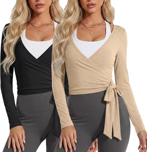 Coume 2 Pack Women’s Ballet Pilates Wrap Top Long Sleeve Tie Front Shrug Yoga Shirt Y2k Workout Active Blouses Crop Tops in Kuwait