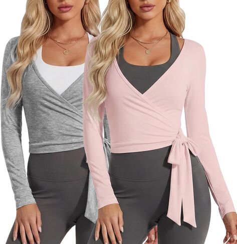 Coume 2 Pack Women’s Ballet Pilates Wrap Top Long Sleeve Tie Front Shrug Yoga Shirt Y2k Workout Active Blouses Crop Tops in Kuwait