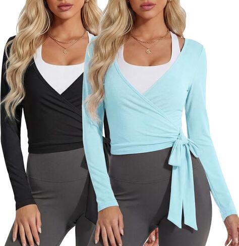 Coume 2 Pack Women’s Ballet Pilates Wrap Top Long Sleeve Tie Front Shrug Yoga Shirt Y2k Workout Active Blouses Crop Tops in Kuwait