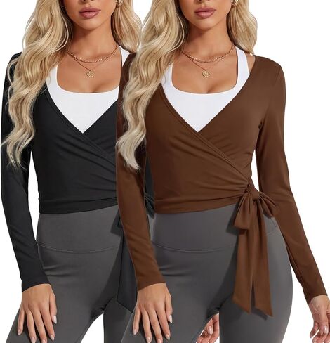 Coume 2 Pack Women’s Ballet Pilates Wrap Top Long Sleeve Tie Front Shrug Yoga Shirt Y2k Workout Active Blouses Crop Tops in Kuwait