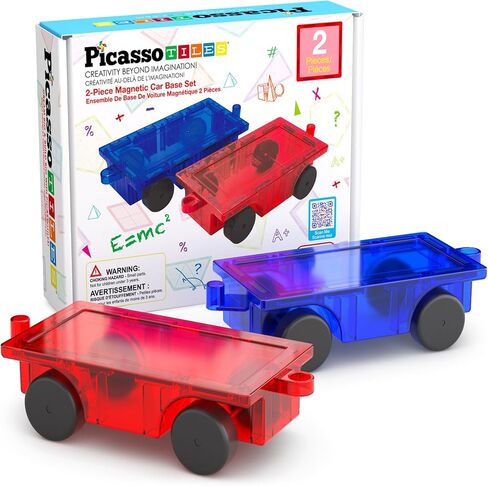 PicassoTiles 4 قطع من البلاط المغناطيسي للسيارة والشاحنة وبناء ملحقات البناء باللون الأصفر والأحمر والأخضر والأزرق المتوافقة مع مجموعات البلاط المغناطيسي مجموعات بناء تعلم العلوم والتكنولوجيا والهندسة والرياضيات للأولاد والبنات PT201 in Kuwait