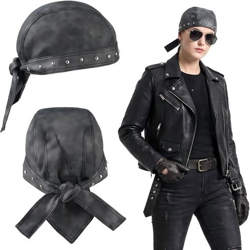 Mepase Distressed Brown Studs Motorcycle Leather Cap Unisex Cycling Bandana Doo Rags Adjustable Skull Cap Leather Skull Caps in Saudi Arabia