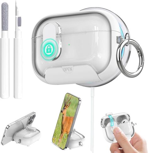for Airpods 4 Case Clear,Secure Lock for Airpods 4th Generation Case Cover with Phone Stand and Magsafe Function,Auto Pop-up,Hybrid Protection Design with Carabiner&Cleaning Pen-White in Saudi Arabia