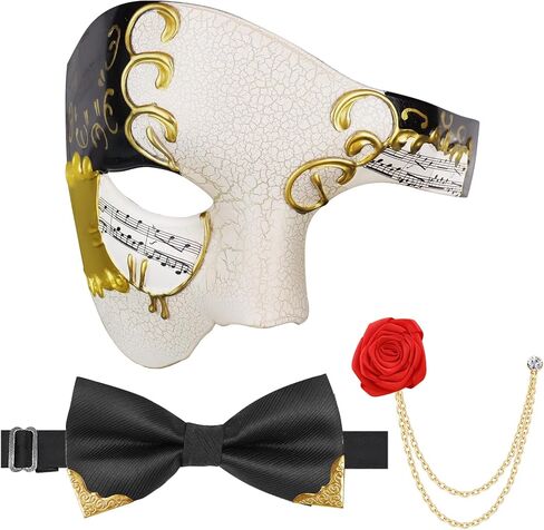 Masquerade Mask for Men Phantom of The Opera Mask with Bowtie Brooch for Halloween Mardi Gras Party in Saudi Arabia