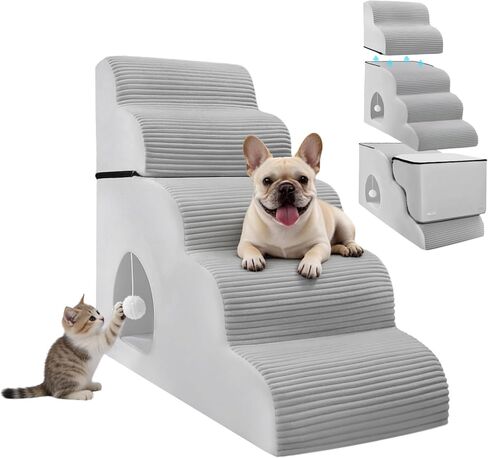 Dog Stairs for Bed Up to 24" H, Extra Height 22.8" 4-Step Pet Steps for Small Dogs and Cats, Non-Slip Sturdy Dog Ramp with Anti-Tip Safety Strap and Washable Cover,Balanced Ramp Indoor Pet Stairs in Saudi Arabia