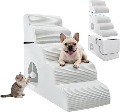 Dog Stairs for Bed Up to 24" H, Extra Height 22.8" 4-Step Pet Steps for Small Dogs and Cats, Non-Slip Sturdy Dog Ramp with Anti-Tip Safety Strap and Washable Cover,Balanced Ramp Indoor Pet Stairs in Saudi Arabia