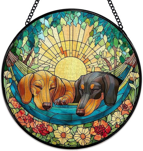يوركشاير زهرة suncatcher نافذة الزجاج الملون شنقا، يوركشاير الهدايا الشمس الماسكون نافذة داخلية زجاج جدار ديكور الفن، الكلب جولة الجدار شنقا الزينة، 7.9x7.9 بوصة in Kuwait