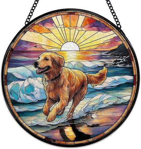 يوركشاير زهرة suncatcher نافذة الزجاج الملون شنقا، يوركشاير الهدايا الشمس الماسكون نافذة داخلية زجاج جدار ديكور الفن، الكلب جولة الجدار شنقا الزينة، 7.9x7.9 بوصة in Kuwait