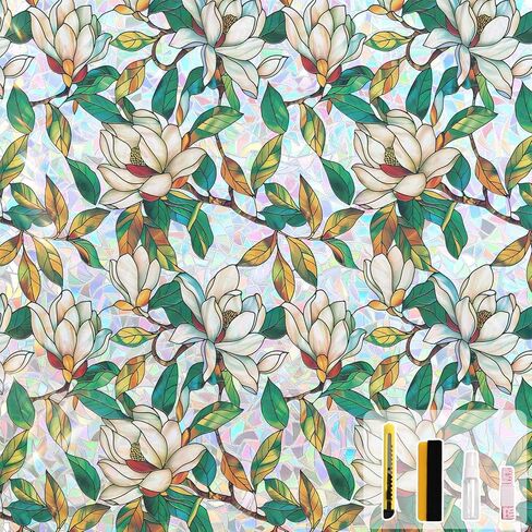 Kromapolis Window Privacy Film, Stained Glass Sticker Floral Window Clings, Decorative Static Clings UV Blocking Colorful Decals, Removable Vinyl Covering Rainbow Magnolia Flowers, 17.5'' x 78.7'' in Saudi Arabia