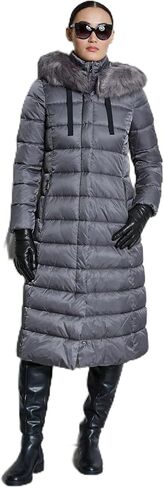 TAHARI womens Maxi Puffer Coat, Attached Bib, Faux Fur Hood Trim, Hand Warmer Pockets, Long Puffer Coat in Saudi Arabia
